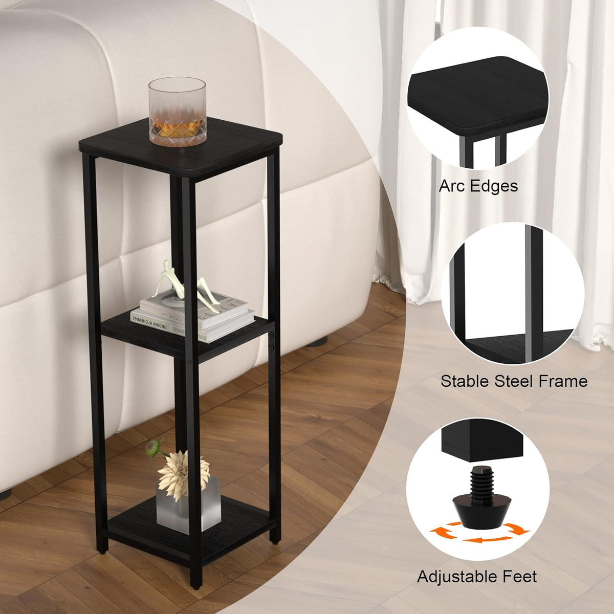 10" Wide Square Drink Table with Adjustable Feet - 3-Tier Small Side Table for Apartments, Balcony & Office | Space-Saving, Lightweight & Multi-Functional (Plants, Books, Drinks,Black)