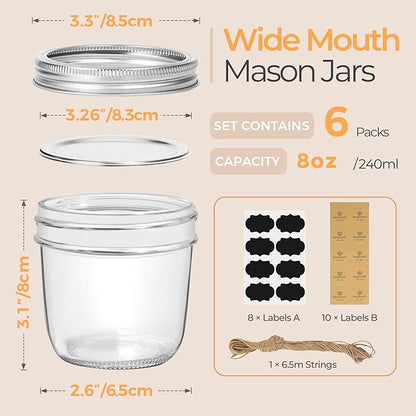 ComSaf Wide Mouth 8 oz Mason Jars with Lids, 6 Pcs Small Mason Containers, Canning Jars, 8oz Glass Jar with Lid, Canning Jars for Jams, Jelly, Sauces, Desserts, chia pudding, Pickle, Gift