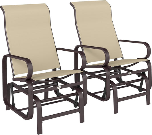 Outsunny Outdoor Glider Chair Set of 2, Smooth Gliding Mechanism, Khaki | Gliders for Outside Patio, Lightweight Construction, Backyard