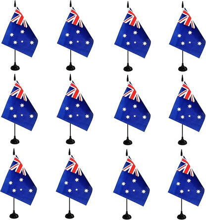 Australia Desk Flag, 12 Pack Australian Table Office Flag with Black Solid Pole and Stand Base, International Country Flag, Festival Celebration, Classroom Meeting Desktop Decor (Australia)