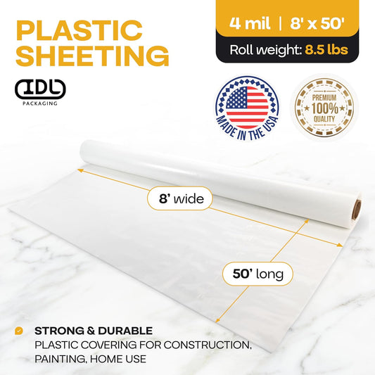 Plastic Sheeting 4 mil, 8' x 50' (400 sq. ft.) - Thick Semi-Clear Plastic Sheeting for Construction, Painting, Slide&Slip - LDPE Film Roll - Heavy Duty Thick Polyethylene Rolls by IDL Packaging
