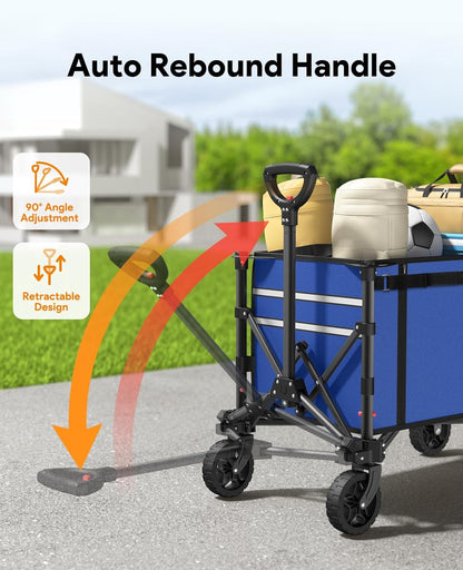 Collapsible Wagon Cart with Wheels 220lbs Foldable Wagon 120L Shopping Cart for Groceries Folding Utility Wagon for Beach, Garden, Camping, Sport, Wheelbarrows, Indigo