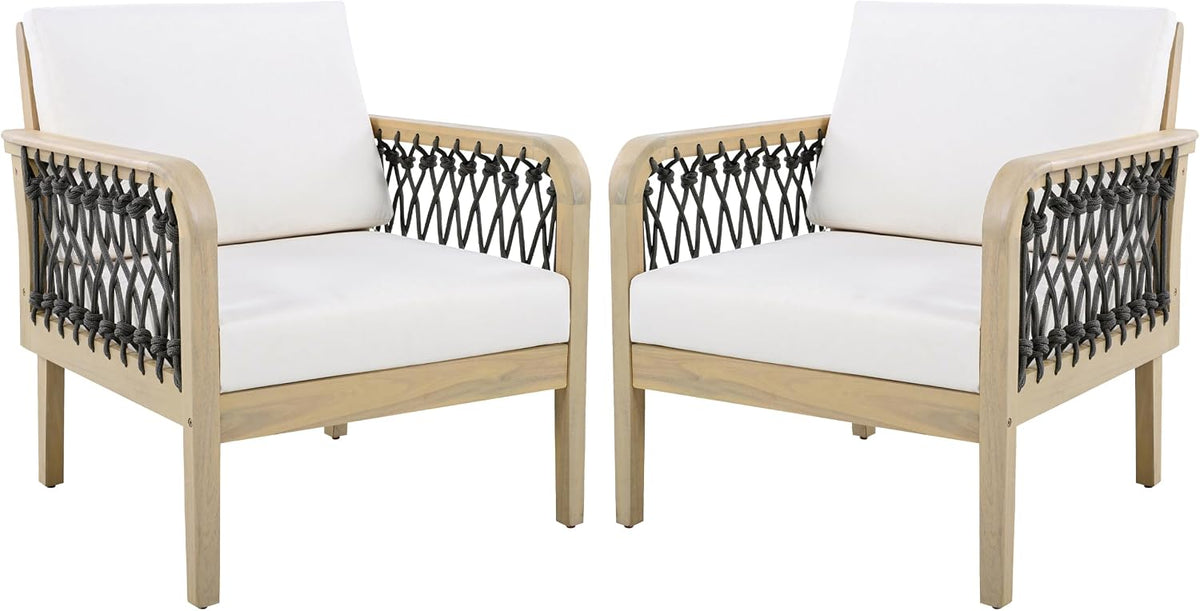 Outdoor Acacia Wood Club Chair with Handwoven Rope, Weather-Resistant, Set of 2, Light Teak Finish, 400 Lbs Capacity