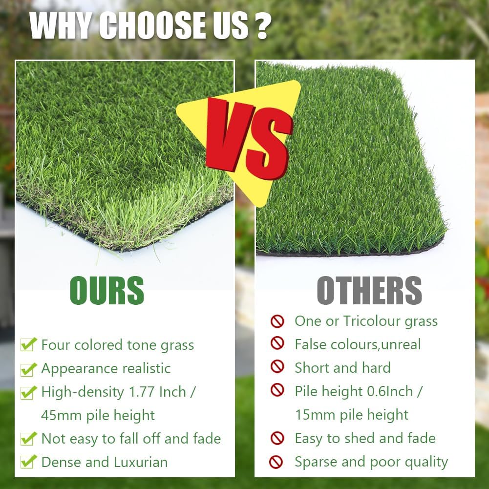 Petgrow Luxurious Artificial Grass Realistic Turf 5 X 68 Feet,1.57 Inch Pile Height Ultrathick Indoor/Outdoor Dog Fake Faux Grass,Synthetic Grass Rug Garden Landscape Patio,Drainage Holes