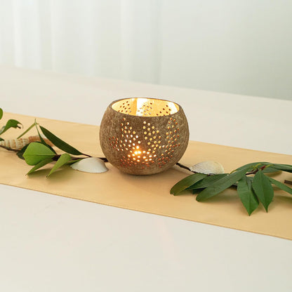 Restaurantware-Coco Casa 4 x 3.3 Inch Coconut Shell Candle Holders, 1 Reusable Tealight Holders - Candle Not Included, Leaf Pattern, Brown Coconut Bowls For Candles, Handcrafted