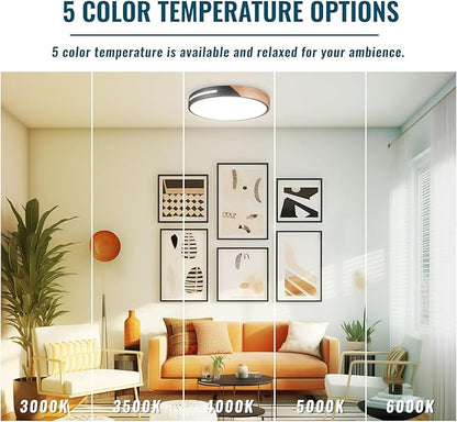 Wood Ceiling Light Flush Mount LED 36W, 16 inch Flush Mount Black, Kitchen Light Fixtures Ceiling Mount, Dimmable Close to Ceiling Light for Bedroom, Living Room, Bathroom