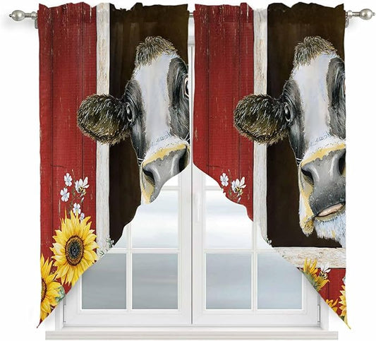 Cows Sunflowers Swag Valances for Windows, Rustic Farms Barns Flowers Bees Animals Rod Pocket Kitchen Curtains Valance, Kitchen Window Curtains Swag for Cafe Bathroom Living Room, 2 Panels, 36x45 inch