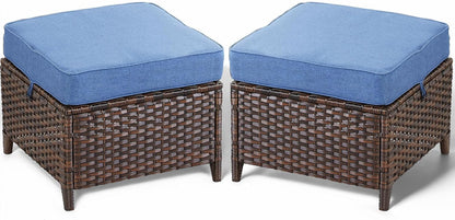 Patio Ottoman Outdoor Wicker Side Table - 2PCS Multipurpose Heavy Duty All-Weather Brown Rattan Extra Seating Bench Footrest Footstool for Garden Back Porch Poolside Apartment - Navy Blue