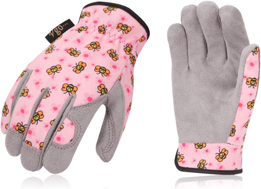 Vgo... 1-Pair Age 3-4 Kids Gardening Gloves,Children Yard Work Gloves,Toddlers,Boys,Girls (Size XS, Pink Bee, KID-MF7362)