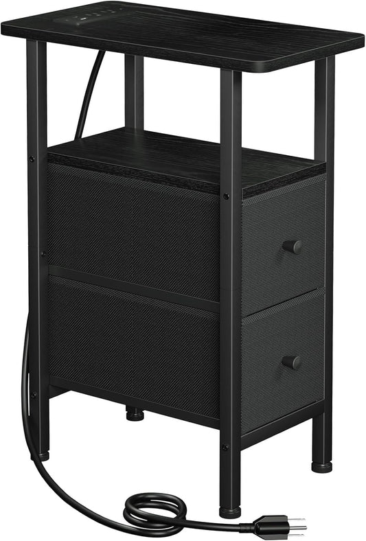 LOAKEKEL Narrow End Table Living Room with Charging Station, Skinny Side Table with Fabric Drawers, Slim Nightstand for Bedroom, Small Spaces, Couch, Black, HETNDP02BK-1