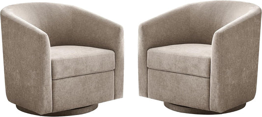 Zihanhome Chenille Swivel Accent Chair Set of 2, Modern Barrel Chairs with 360° Swivel Base, Upholstered Living Room Chairs, No Assembly Armchairs for Bedroom, Reading Nook, Apartment (2, Khaki)