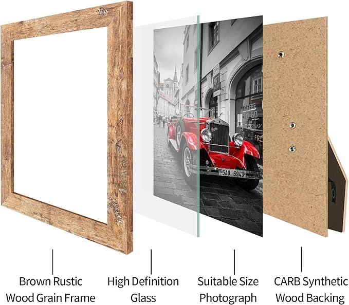 8x10 Picture Frame Set of 4, High Definition Real Glass 8 x 10 Photo Frames for Desktop Display and Wall Mounting(Distressed White+Oak+Rustic Brown+Black)