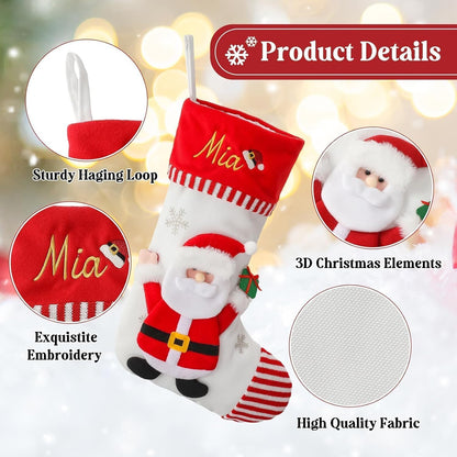 Personalized Christmas Stockings with Embroidered Name & Monogram,Custom 3D Xmas Character Stocking 1 Pack 18” Large,Santa,Snowman & Reindeer Fireplace Hanging Red Burlap Plaid Stockings(A)