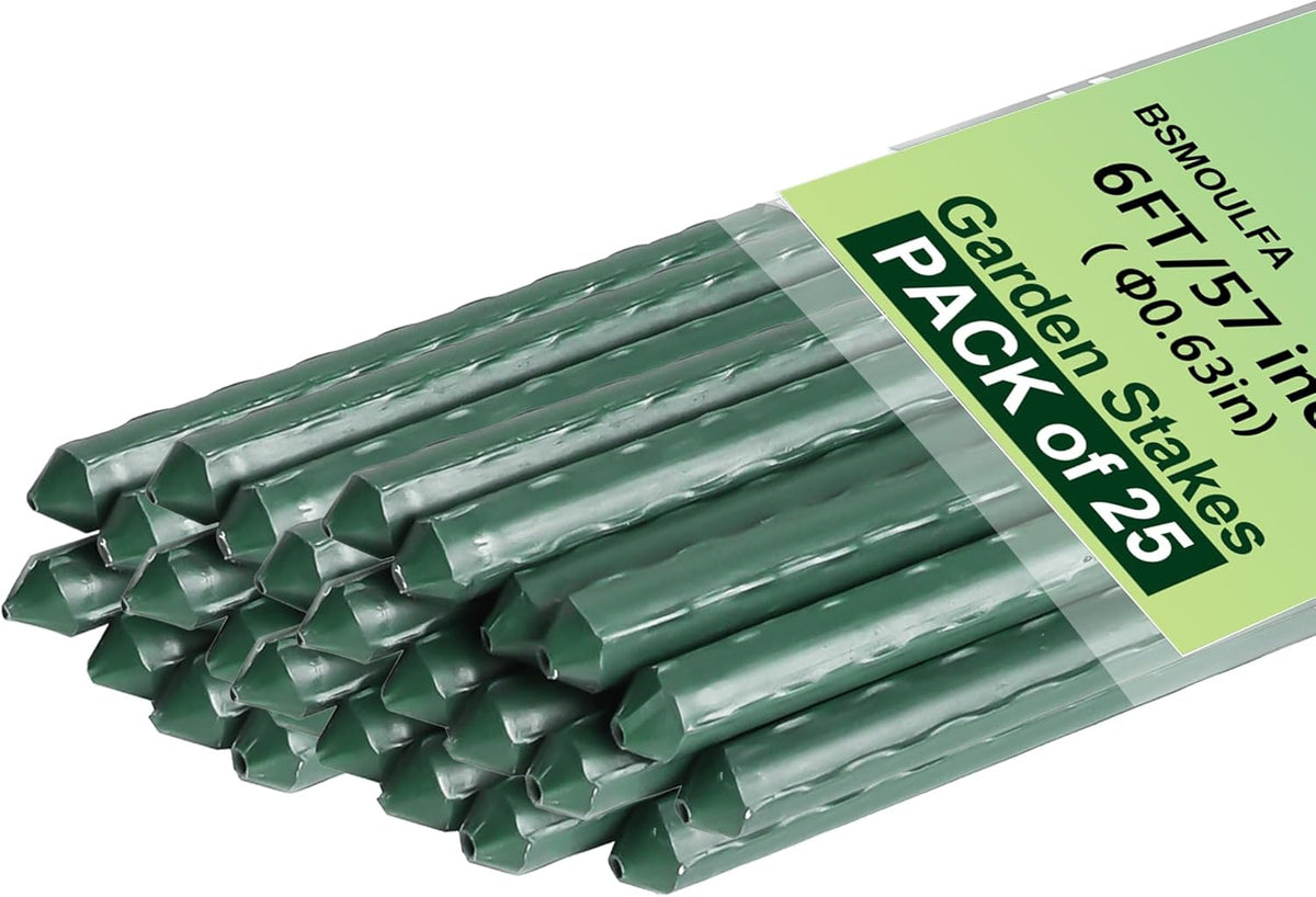 Garden Stakes 6ft, 6Feet Metal Plant Stakes 25 Pack for Gardening and Farm, 72" Plastic Coated Plant Support for Tomato, Cucumber, Bean, Flower, Potted and More Climbing Plants