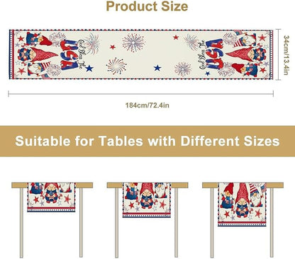 Cute Patriotic Gnomes Table Runner, American Independence Day 4th of July Gnome Blue Red Fireworks Confetti Print Table Runner for Home Kitchen Dining Table Party Decor, 13x108inch