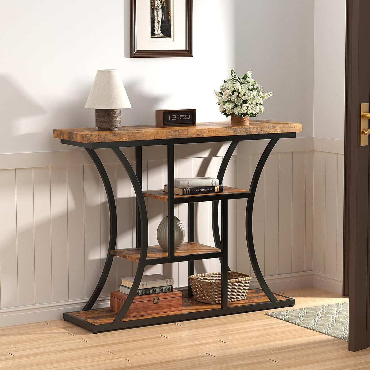 41.3" Industrial 4 - Tier Console Table with Curved Metal Frame, Narrow Long Sofa Table & Entryway Table with Storage Shelves for Living Room, Accent Table for Hallway Furniture Foyer