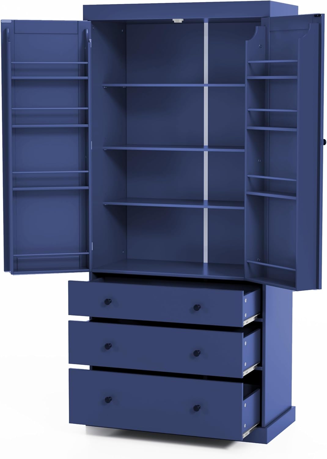 Tall Kitchen Pantry Cabinet Wood Freestanding Large Cupboard with 3 Drawers, 8 Door-Shelf and Adjustable Shelves for Dining Room (Blue)