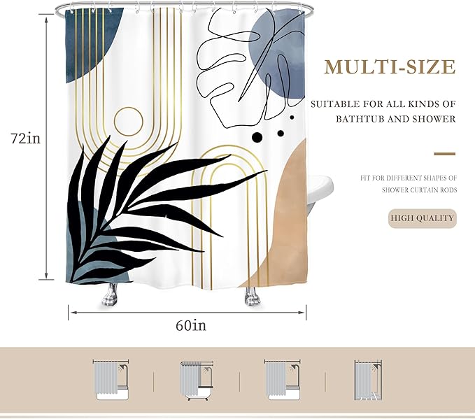 Glawry Abstract Tropical Shower Curtain Chic Boho Plant Palm Leaf Watercolor Blue Simple Minimalist Bathroom Modern Botanical 60Wx72L Inches Bath Accessories Art Home Decor Fabric with Hooks