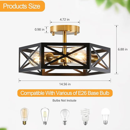 Modern Flush Mount Ceiling Light, 3-Light Black Gold Hallway Light Fixtures Ceiling Mount, Industrial Close to Ceiling Light with Metal Hexagon Cage Ceiling Lamp for Kitchen, Bedroom, Bathroom