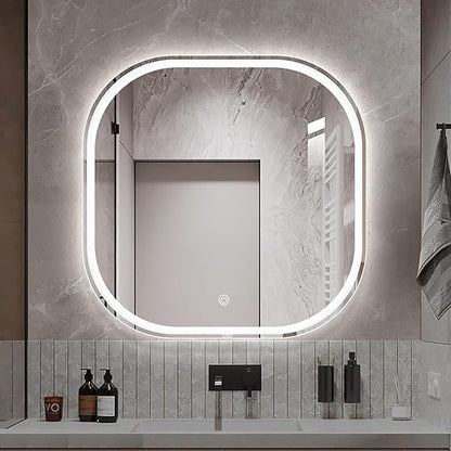 JSLJDM 500X500 mm Illuminated Backlit LED Bathroom Mirror, Wall Mounted Multifunction Bathroom Vanity Mirror with Lights and Demister Pad, Energy-Saving Illuminated Smart Mirror 80cm tricolorlight
