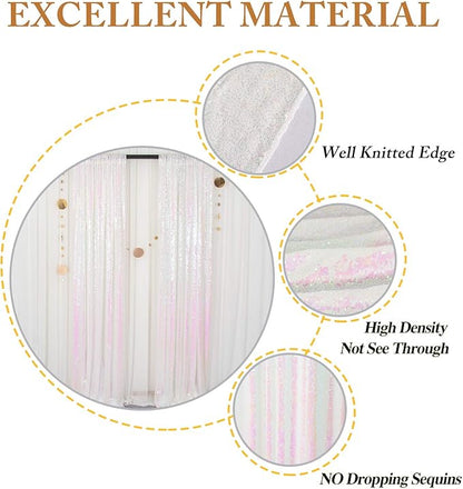 ShinyBeauty 2PCS 4x7FT Iridescent White Sequin Backdrops| Sparkle Photo Background for Parties & Events | Elegant & Durable Shimmer Backdrop Curtain Panels