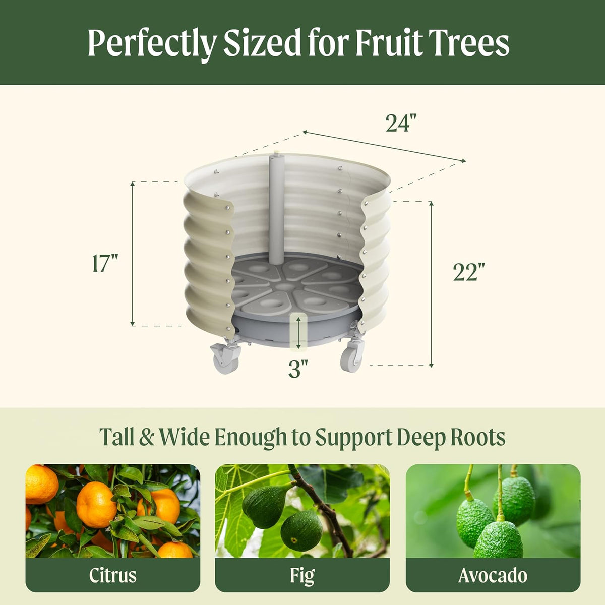 Rolling Metal Citrus Tree Planter, Self-Watering Round Planter Box for Porch Patio & Backyard, Raised Garden Bed with Wheels for Growing Trees Tomatoes Vegetables and Flowers, Single Pack-Modern Gray