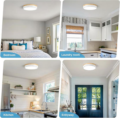 Dimmable Wood LED Ceiling Light Fixture, 5CCT 2700K-6000K Modern White Flush Mount Ceiling Lighting, Minimalist Round Ceiling Lamp for Bedroom, Kitchen, Laundry Room, Hallway, 11.81in