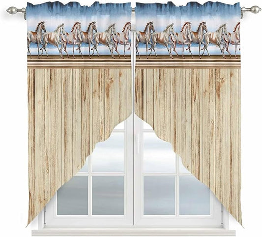Western Horse Swag Valances for Windows, Farmhouse Wooden Grain Vintage Cowboy Barn Door Rod Pocket Kitchen Curtains Valance, Kitchen Window Curtains Swag for Cafe Living Room, 2 Panels, 36x45 inch
