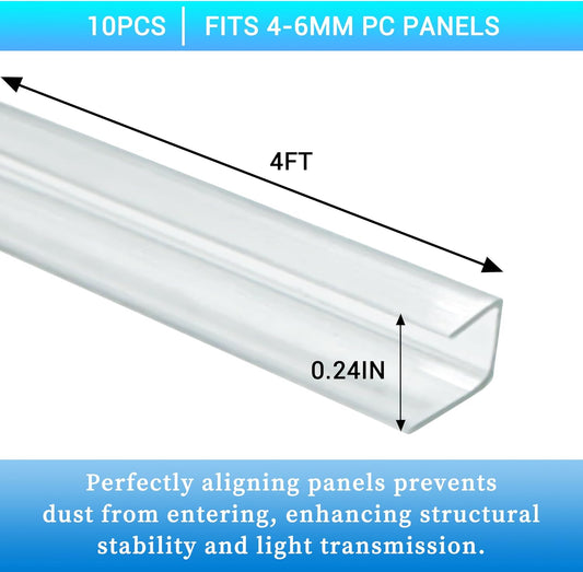 10 PCS Polycarbonate Greenhouse U Connector Profile 4ft Length Fits 0.16’’ & 0.24’’ Twin-Wall Polycarbonate Panels Duty Dust Rain & Moisture Protection Durabler (U-Clip 4' × 0.71’’ × 0.24’’)
