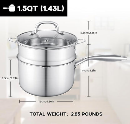 Leetaltree 1.5 Quart Stainless Steel Saucepan with Steamer Basket, Tri-ply Construction, Versatile Sauce Pan with Double-sized Drainage Lid - Perfect for Cooking Gravies. Pasta, Vegetable and More