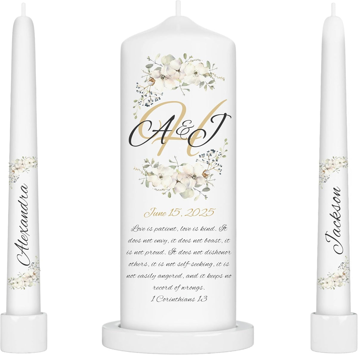 Unity Candles for Wedding, Modern Unity Set, Custom and Personalized Pillar and Taper Candles with Bible Quote, Unscented White Premium Wax, Religious and Wedding Ceremony, Special Events (Camellia)