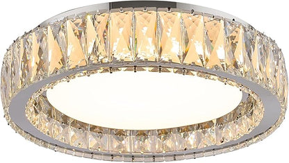 Modern K9 Crystal Dimmable LED Flush Mount Ceiling Light,15 Inch 36W/5CCT 3000K-6000K Luxury Chrome Round Close to Ceiling Lighting Fixtures for Living Room,Kitchen,Bedroom,Dining Room