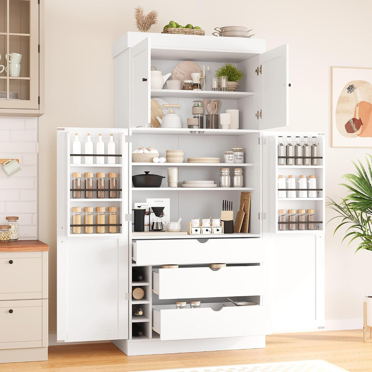 roomfitters 77'' Kitchen Pantry Organizers and Storage Kitchen Cabinet, with Door Spice Racks, Wine Rack, 3 Drawers, White