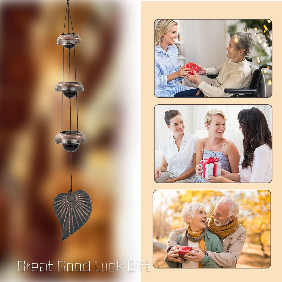 Three Cooper Leaf Temple Wind Chime,Wind Chimes with 3 Bells, Feng Shui Wind Chimes for Home Yard Outdoor Decoration, A Great Memorial Wind Chime for Someone Who Loves Peace