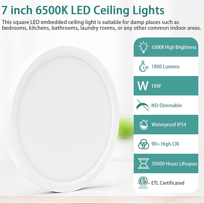 Flush Mount Ceiling Light Fixtures,18W Flat led Light for Ceiling,6500K 1800LM Ultra Thin Round White Lamp for Bedroom Kitchen,Bathroom,Garage,Living Room, Dining Room