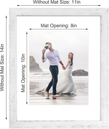 11x14 Picture Frame Set of 4 with Tempered Glass, Distressed White Frame Display 8x10 Picture with Mat or 11 x 14 Without Mat, Wood Rustic Photo Frames for Horizontal or Vertical Wall Mounting