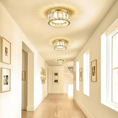 Modern Dimmable LED Luxury Crystal Gold Flush Mount Ceiling Light Fixture,7.87 Inch 15W,3CCT,Mini Round Close to Ceiling Chandelier for Hallway,Kitchen,Laundry Room,Entryway