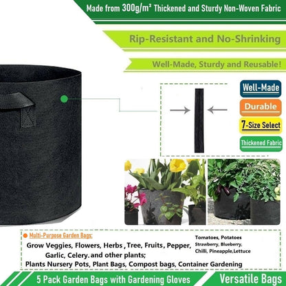 5-Pack 1 Gallon Plant Grow Bags (7x6 inch) Thickened Gardening Bags Fabric Plant Pots for Plant Nursery Bag,Garden Pots,Flower Pot,Herbs Veggies Planter Bag,Barrel Planter,Garden Container W/ Gloves