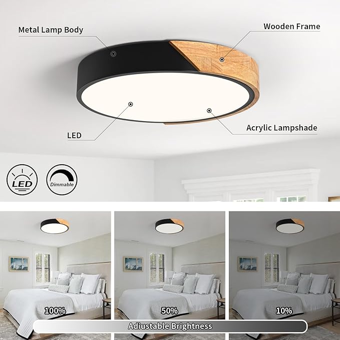 Modern Dimmable Black Flush Mount Ceiling Light Wood Close to Ceiling Lights for Bedroom Round Ceiling Lamp Lighting Fixture for Hallway Kitchen Laundry Room(11.8in)