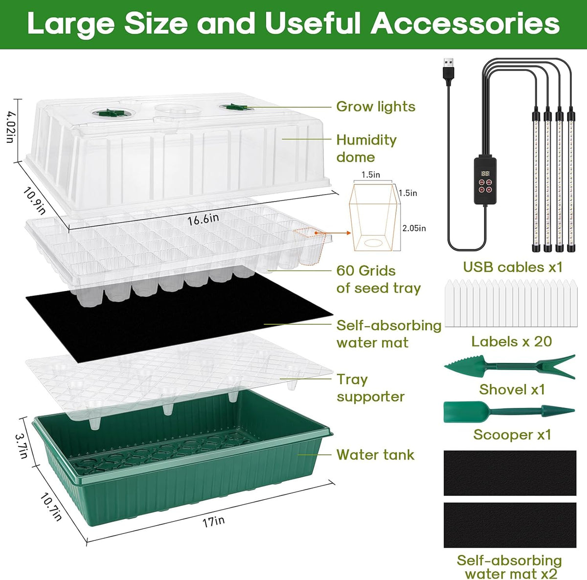 BlumWay Self-Watering Seed Starter Tray Kit with Grow Light and Humidity Dome, 3 Color Growing Light,120-Cell Plant Seedling Tray,Reusable Germination Trays,Adjustable/Timed Light Plant Starter Set