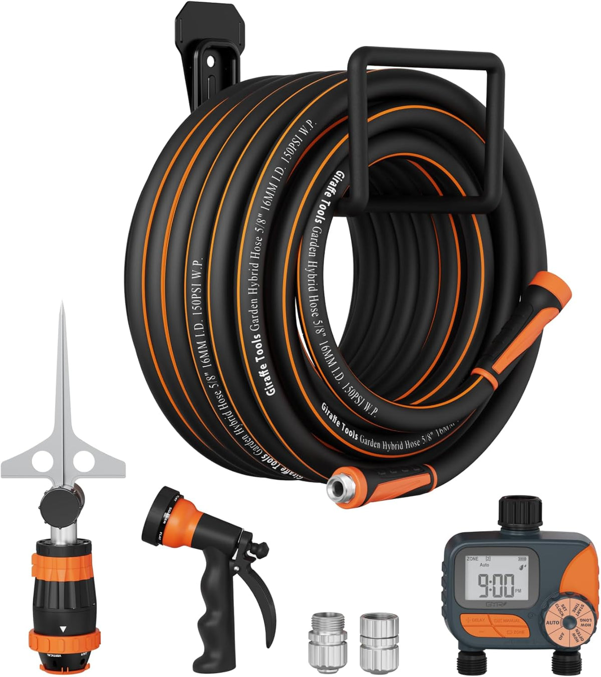 Giraffe Tools Garden Hose 100ft x 5/8", Water Hose Heavy Duty, Flexible with Watering Timer Nozzle and Yard Sprinkler, Lightweight Hybrid Hose with Swivel Handle, Male to Female Fittings