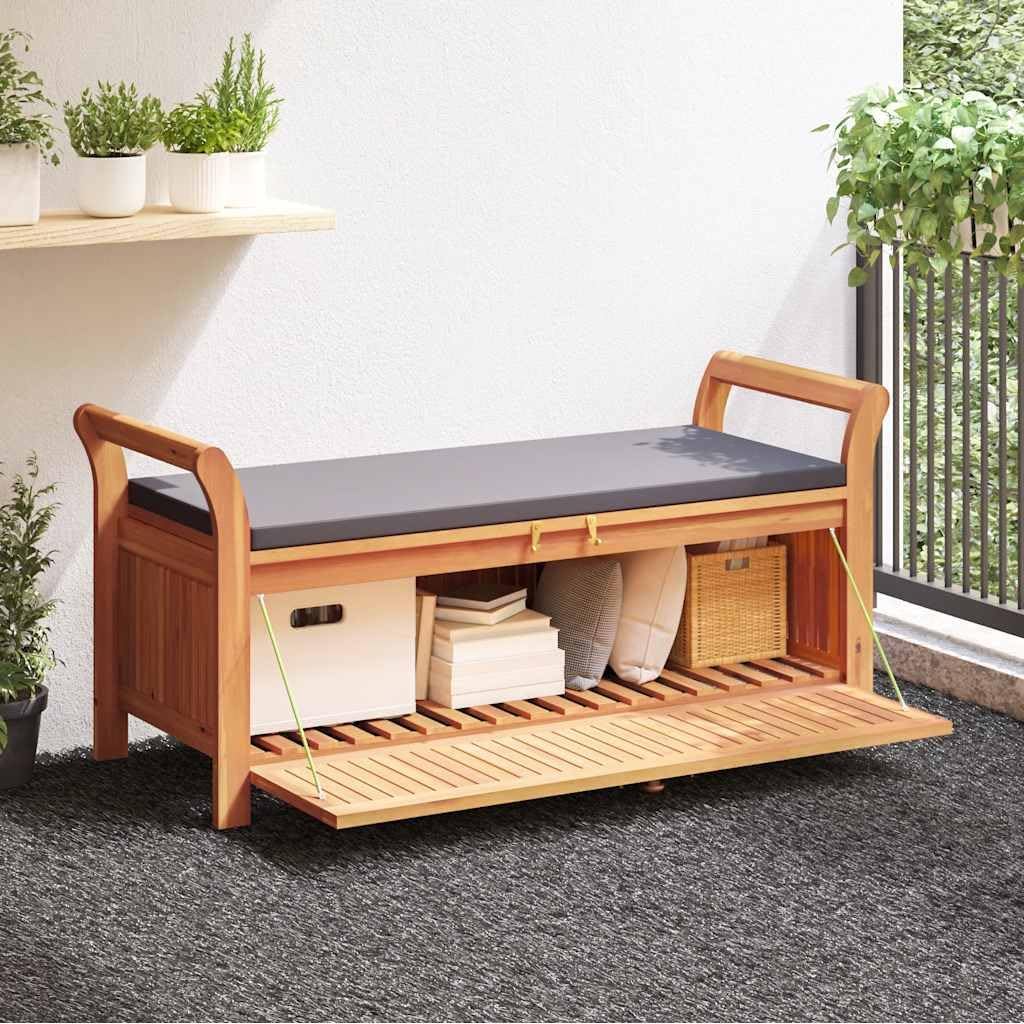 Acacia Wood Outdoor Storage Bench with Cushion, 49.6" Patio Storage Bench with Curved Arms, Garden Seat for Pillows and Blankets