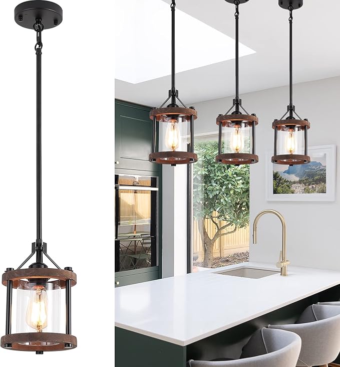 SGLfarmty Farmhouse Pendent Lights for Kitchen Island, Rustic Black and Wood Light Fixtures with Glass, Bronze Pendant Lamps Over Table, Chain Hanging Light for Dining Room, Sink, Bar, 1 Pack