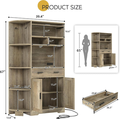 YITAHOME Kitchen Pantry Storage Cabinet, 67" Tall Kitchen Hutch with Outlet & Door & Shelves & Drawer, Farmhouse Wooden Microwave Stand Buffet Coffee Bar for Home Living Dining Room, Antique Gray