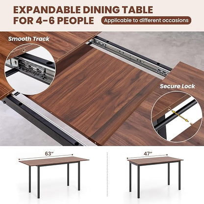 Giantex 3-Piece Dining Table Set for 4-8, 63” Extendable Dining Table with 2 Benches, Metal Frame, Dinette Table Set for Dinner, Breakfast Nook, Kitchen, Living Room, Restaurant, Walnut