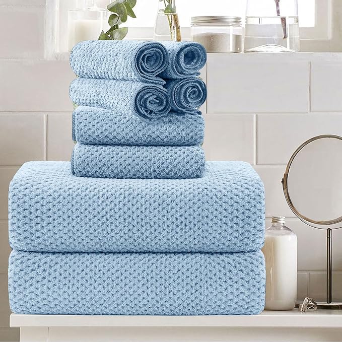 8 Piece Large Blue Family Bath Towel Set-2 Oversized Bath Towel Sheets,2 Hand Towels,4 Washcloths-600GSM Soft Highly Absorbent Quick Dry Beach Chair Towel Woven Towels for Bathroom Hotel and Spa