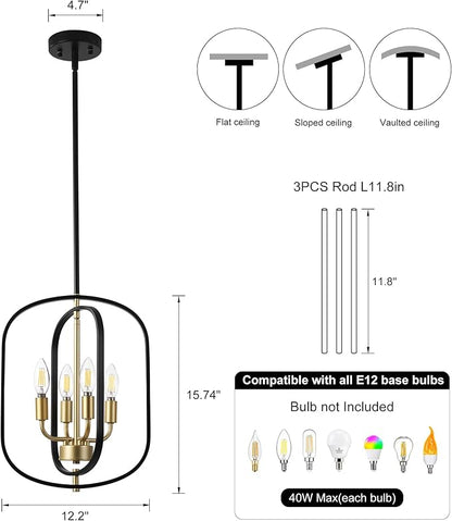 Modern Black and Gold Chandelier for Entryway, 4-Light Small Geometric Dining Room Light Fixture Over Table,Industrial Metal Hanging Pendant Lights for Kitchen Island, Staircase,Foyer