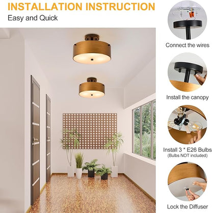Gold Semi Flush Mount Ceiling Light, Modern Drum Chandelier with Brass Gold Metal Shade, Vintage Close to Ceiling Light for Kitchen Entryway Bedroom Laundry Room, 3-Light, 12 Inch