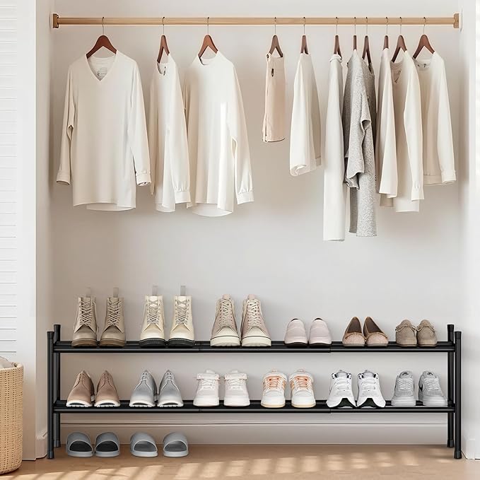 STORAGE MANIAC Long Expandable Shoe Rack, 12 Pairs Metal Wide Stackable Shoe Rack, Adjustable Shoes Shelf, Freestanding Shoes Organizer for Closet, Entryway, Hallway, Garage, Front Door, 2 Tiers