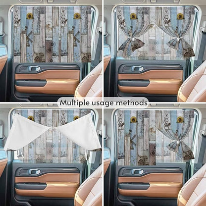 Blue Grey Wooden Magnetic Double Layer Car Window Shades,Side Window Curtains for Blackout/Breathable Mesh View,Farmhouse Barn Sunflowers Retro Privacy Sun Shades for Heat/UV Protection 26x20in 1pcs